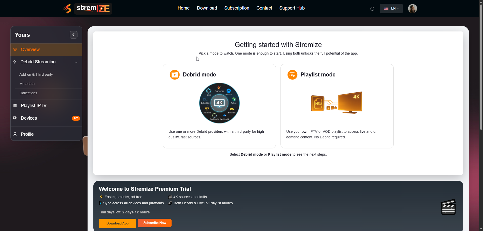 Stremize account dashboard