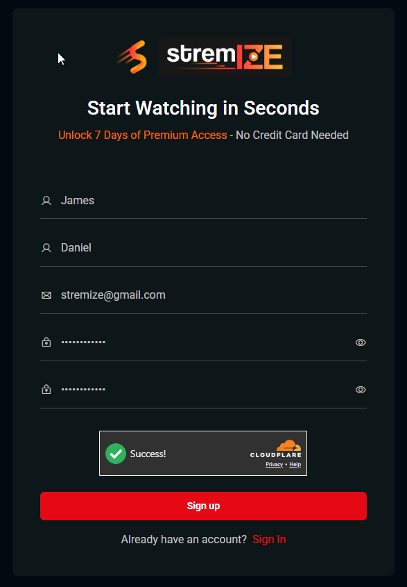 Stremize Website Signup